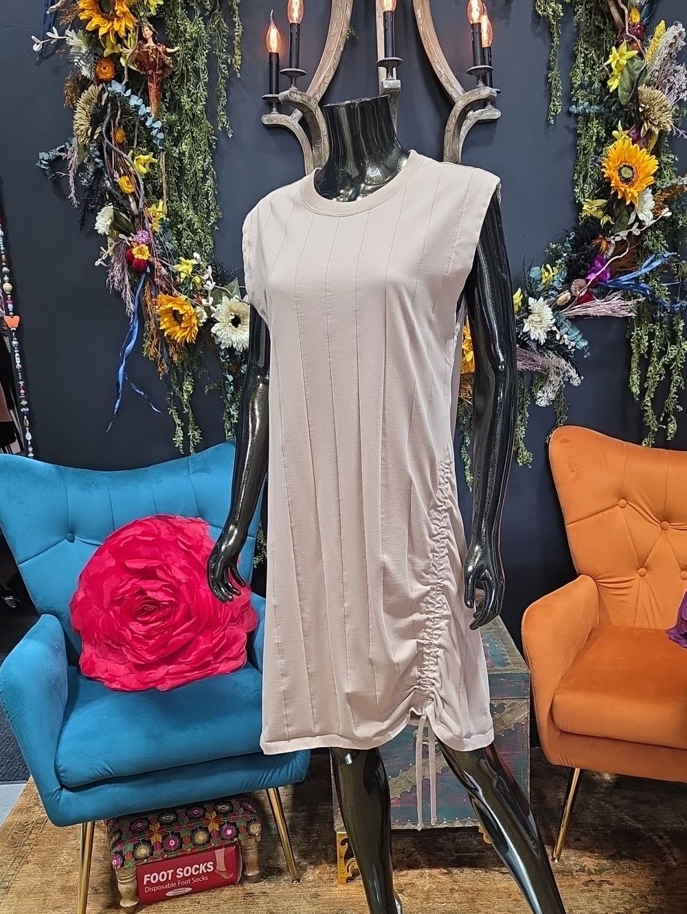 Jordan Sleeveless Beige Midi Dress with Side Drawstring